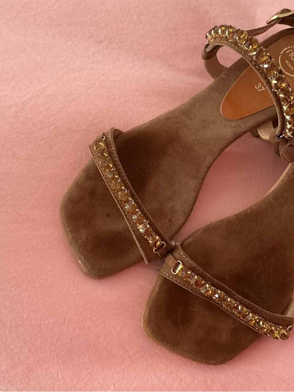 leather suede brown sandals with crystal stones size 7 - Picture 2 of 9